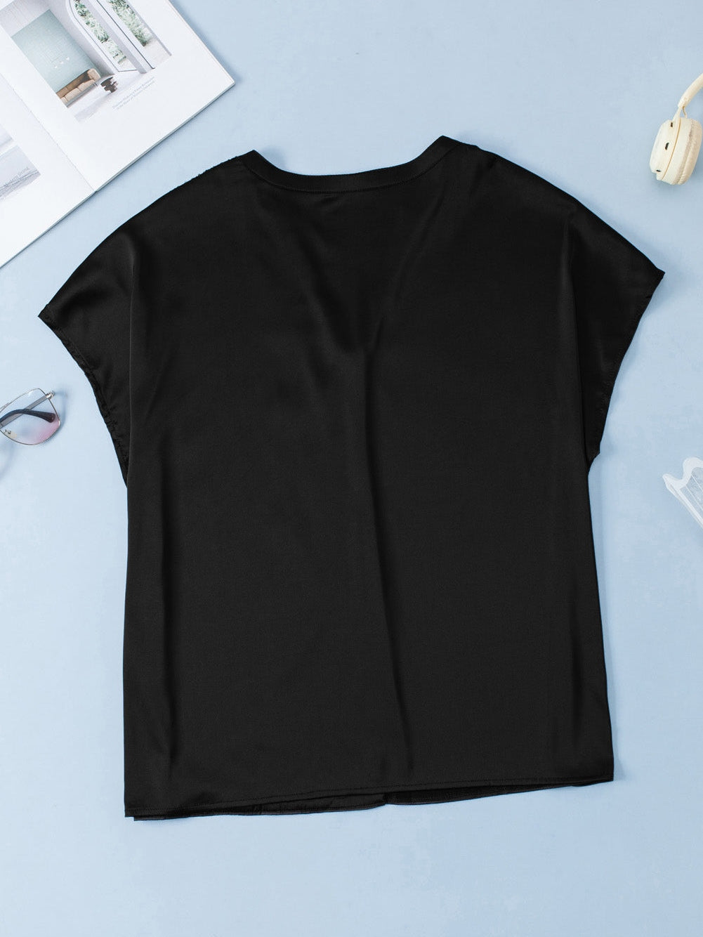 Black Plus Size Sequined Patchwork V Neck Tee