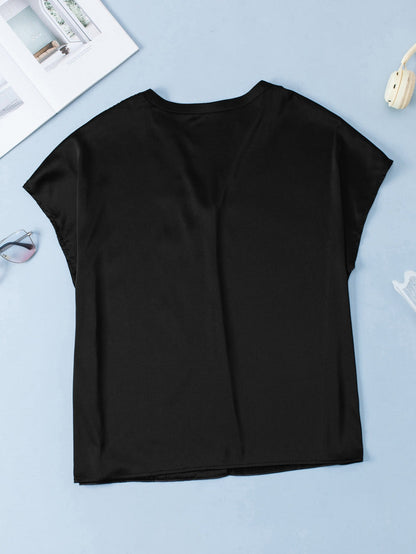 Black Plus Size Sequined Patchwork V Neck Tee