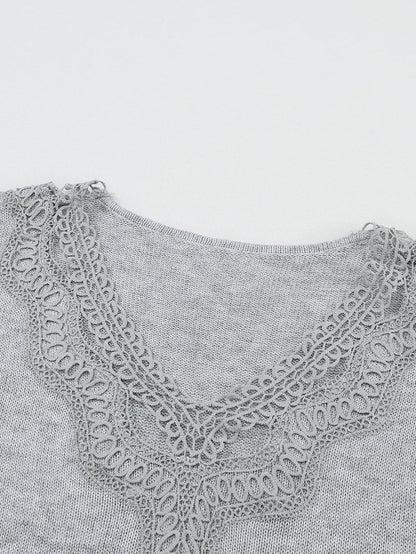 Graceful Gray Knit Lace V-Neck Oversized Sweater