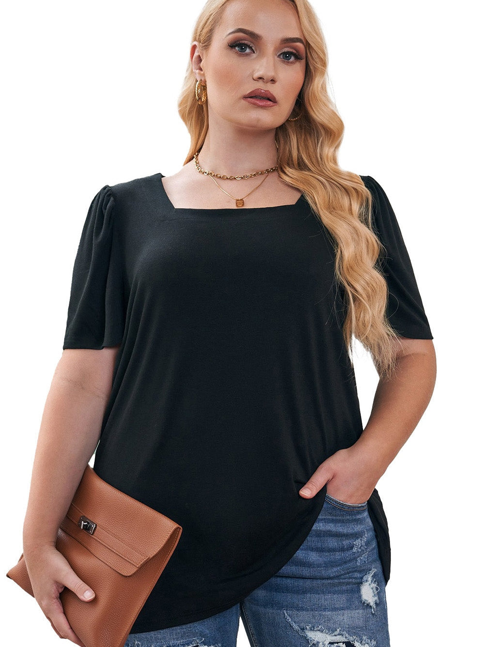 Black Plus Size Square Neck Ruched Shoulder Short Sleeve Top