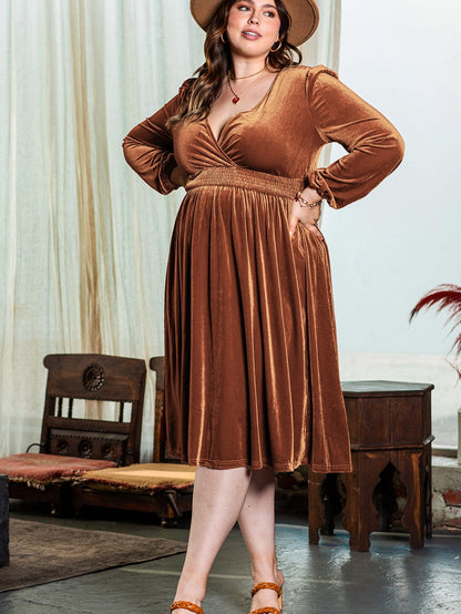 Camel Surplice V Neck Balloon Sleeve Velvet Dress