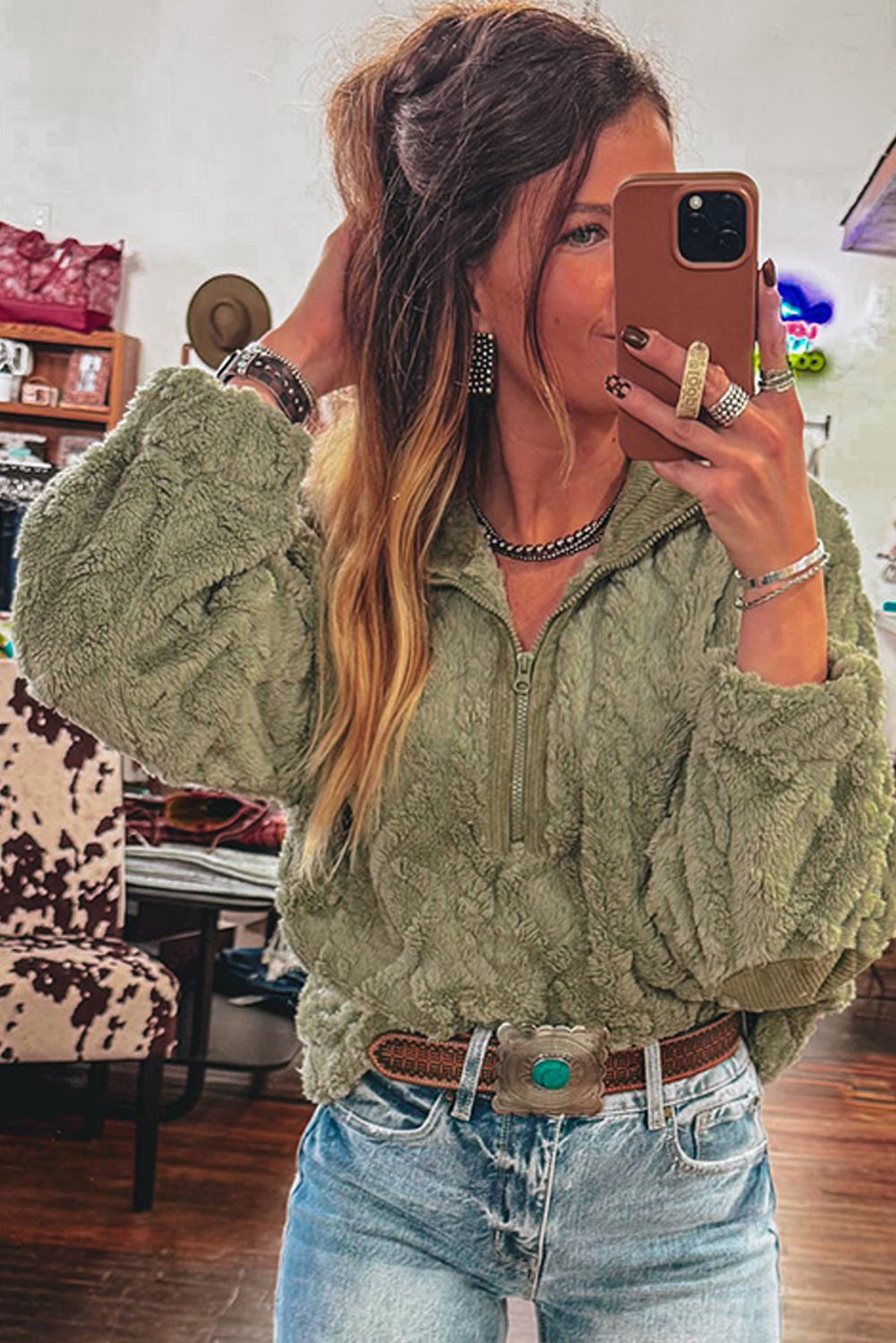 Laurel Green Textured Plush Half Zip Stand Neck Sweatshirt