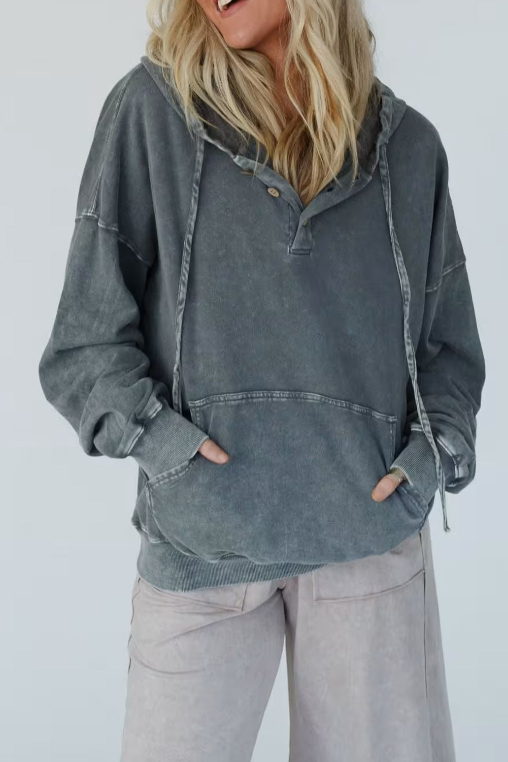 Dark Grey Mineral Wash Button Drawstring Neck Hooded Sweatshirt