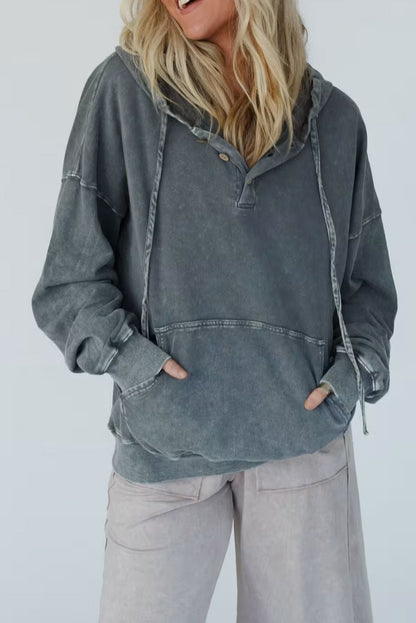 Dark Grey Mineral Wash Button Drawstring Neck Hooded Sweatshirt