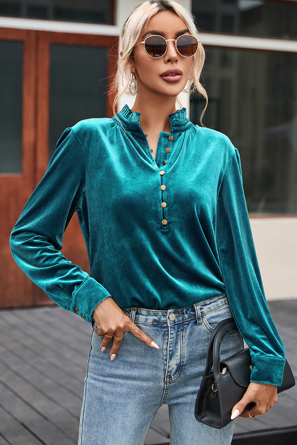 Frilled Neck Green Velvet Top with Buttoned Front