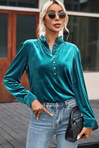 Frilled Neck Green Velvet Top with Buttoned Front