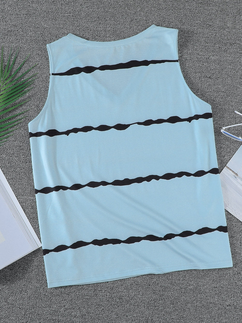 Gray Striped V Neck Plus Size Tank Top with Flag Print