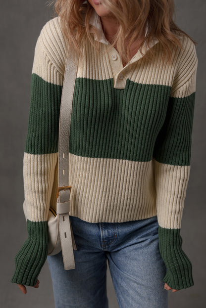 Blackish Green Ribbed Color Block Knit Shirt Collar Patchwork Slim Sweater