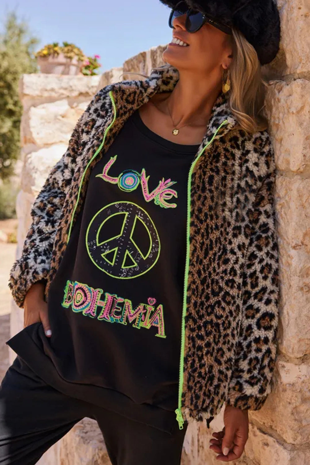 Khaki Oversized Leopard Fleece Jacket