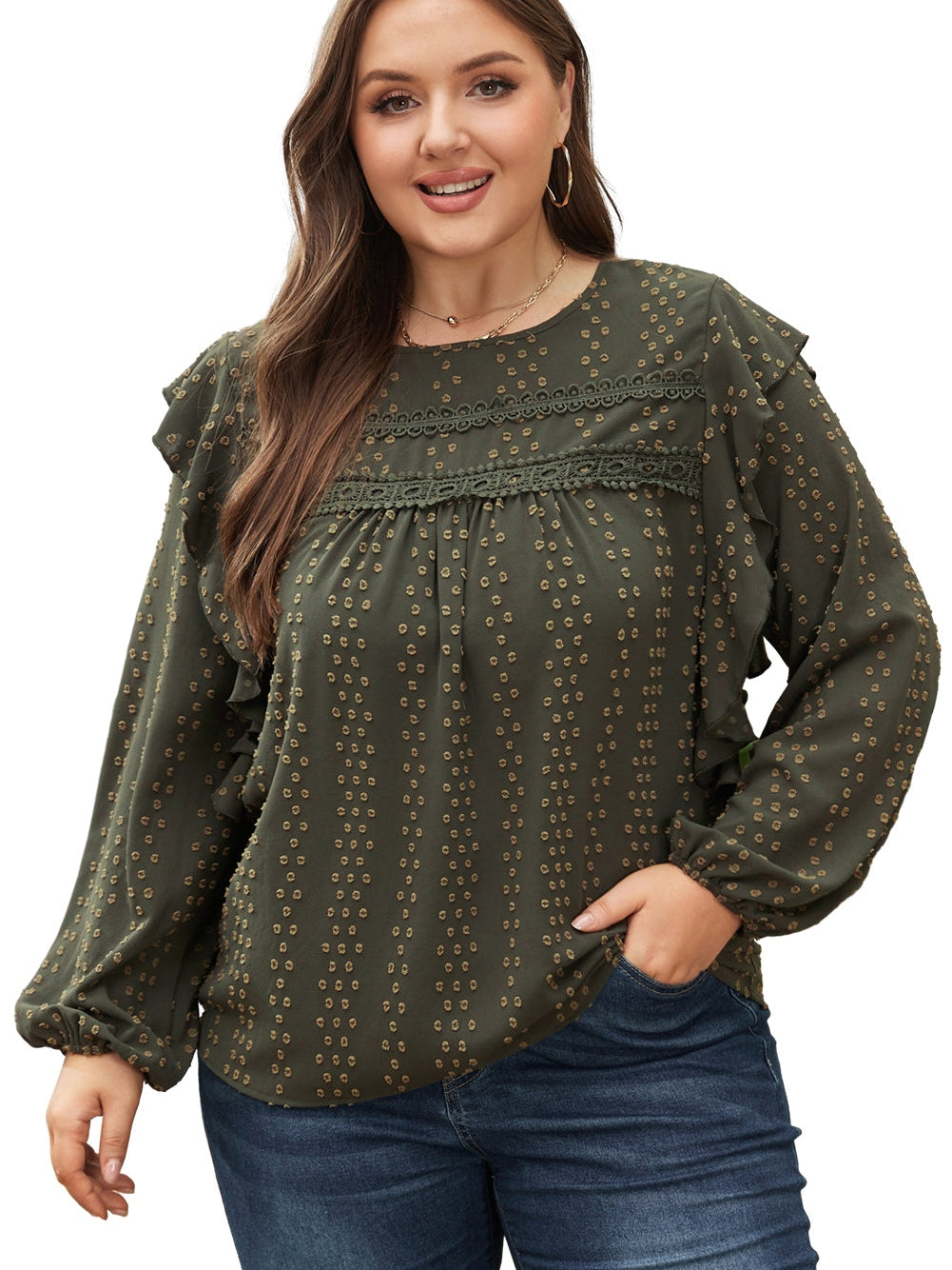 Elegant Mist Green Swiss Dot Lace Ruffle Sleeve Blouse