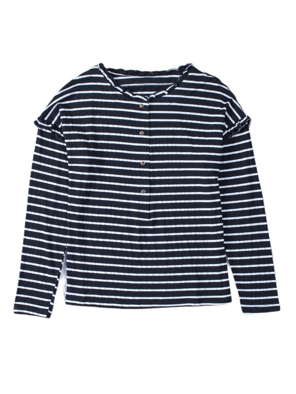 Elegant Black Striped Ruffled Button-Up Blouse