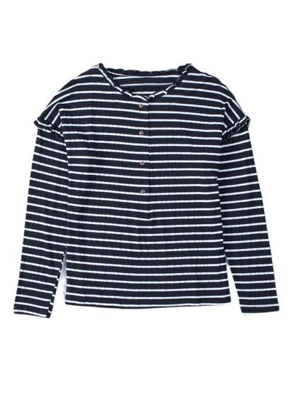 Elegant Black Striped Ruffled Button-Up Blouse