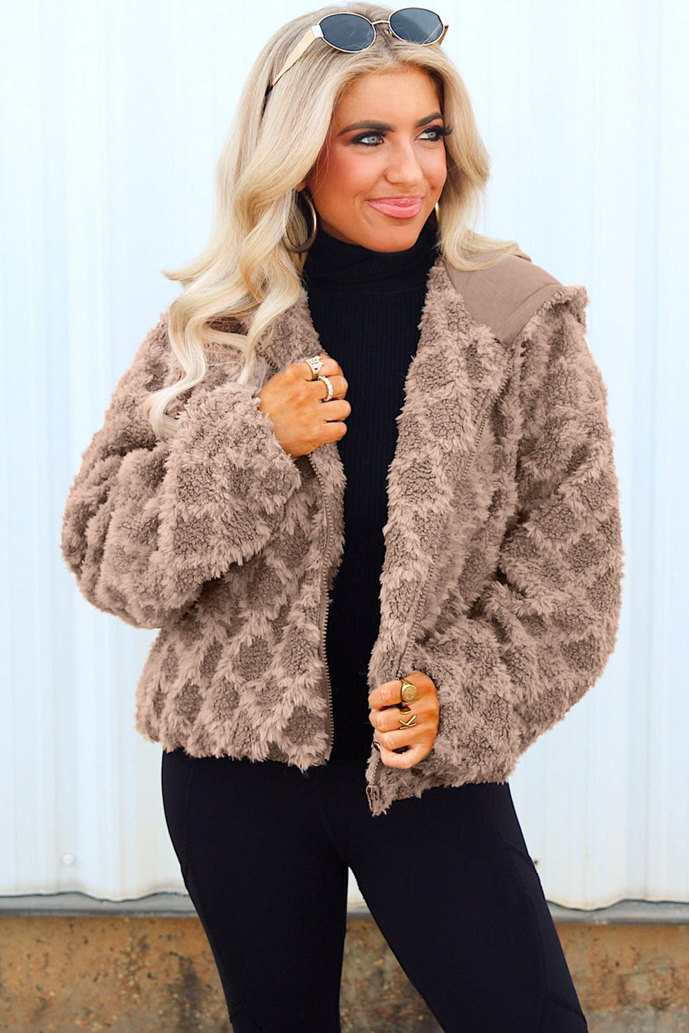 Chestnut Sherpa Rhombus Zip Up Side Pocket Hooded Jacket