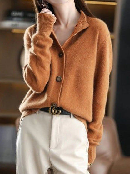 Women's Cardigan Stand Collar Ribbed Knit Polyester Button Knitted Fall Winter Regular Outdoor Daily Going out Stylish Casual Soft Long Sleeve Solid Color Navy Blue Camel Brown S M L