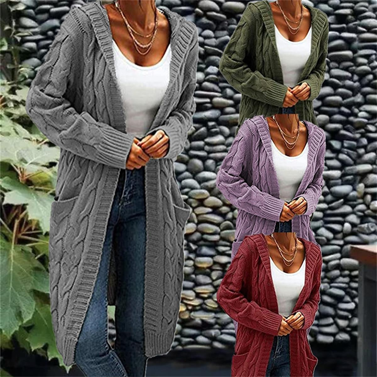 Women's Cardigan Hooded Cable Knit Polyester Pocket Knitted Fall Winter Regular Outdoor Daily Going out Fashion Streetwear Casual Long Sleeve Solid Color Wine Army Green Purple S M L
