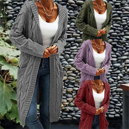 Women's Cardigan Hooded Cable Knit Polyester Pocket Knitted Fall Winter Regular Outdoor Daily Going out Fashion Streetwear Casual Long Sleeve Solid Color Wine Army Green Purple S M L