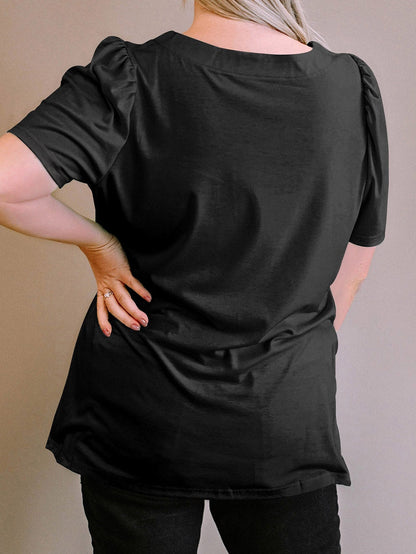 Black Plus Size Square Neck Ruched Shoulder Short Sleeve Top