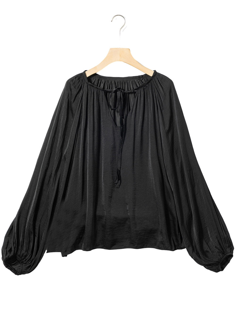 Elegant Black Satin V Neck Pleated Puff Sleeve Blouse