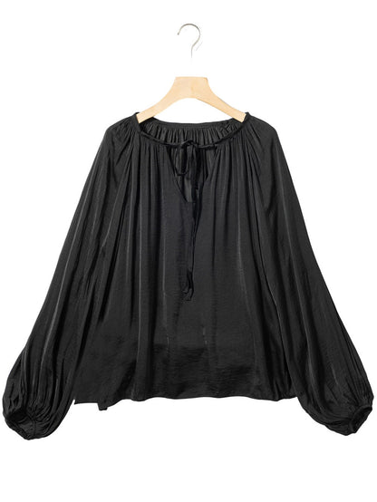 Elegant Black Satin V Neck Pleated Puff Sleeve Blouse