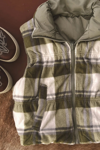 Laurel Green Inner Plaid Contrasted Zip Up Puffer Vest
