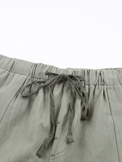 Green Cotton High Waist Loose Fit Shorts with Drawstring Waistband