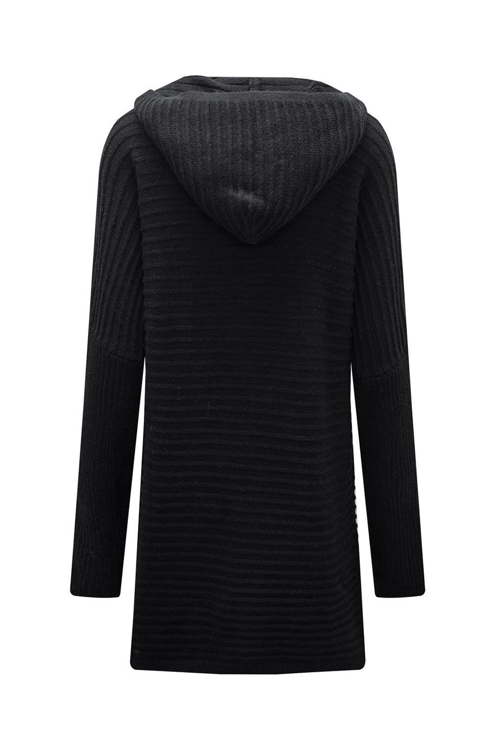 Black Ribbed Knit Hooded Cardigan for Stylish Autumn Layering