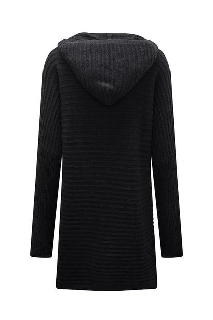 Black Ribbed Knit Hooded Cardigan for Stylish Autumn Layering