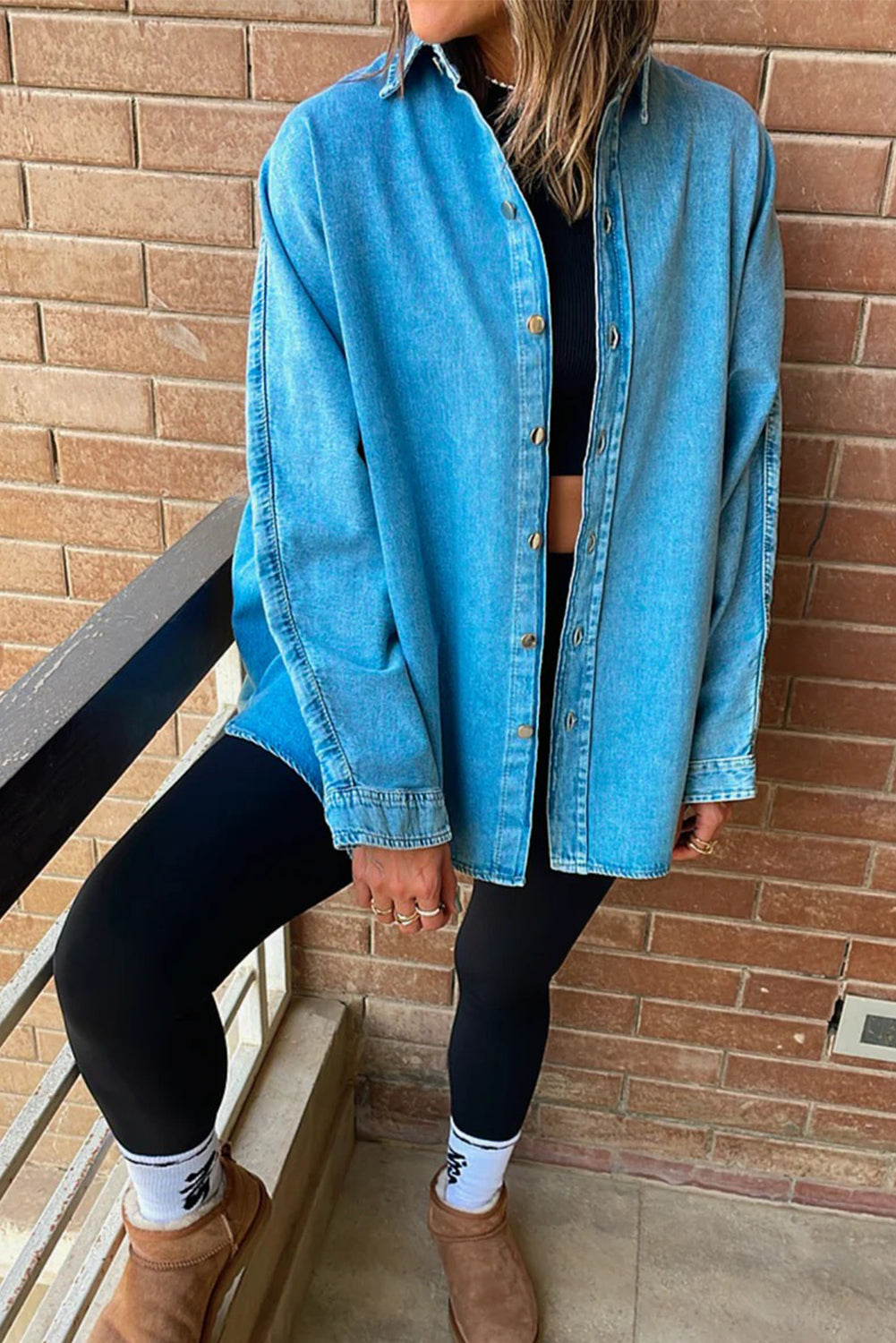 Light Blue Contrast Panel Patchwork Button Down Boyfriend Style Denim Jacket