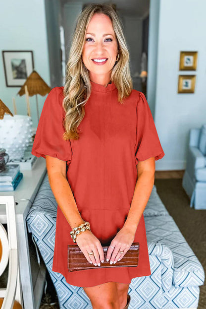 Flamingo Frilled Round Neck Short Puff Sleeve Shift Mini Dress