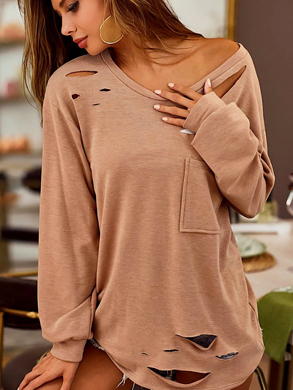 Khaki Knit Distressed Patch Pocket Long Sleeve Top