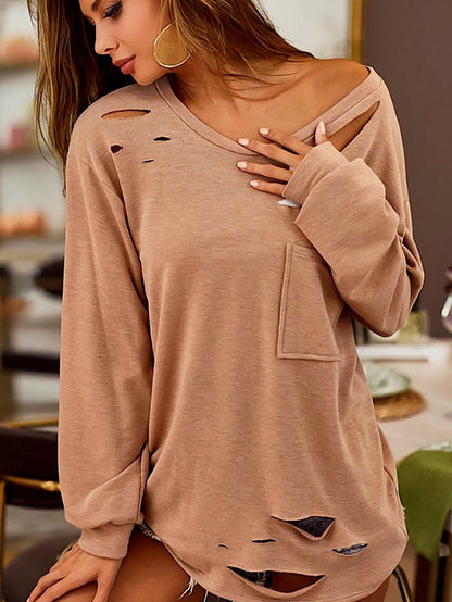 Khaki Knit Distressed Patch Pocket Long Sleeve Top
