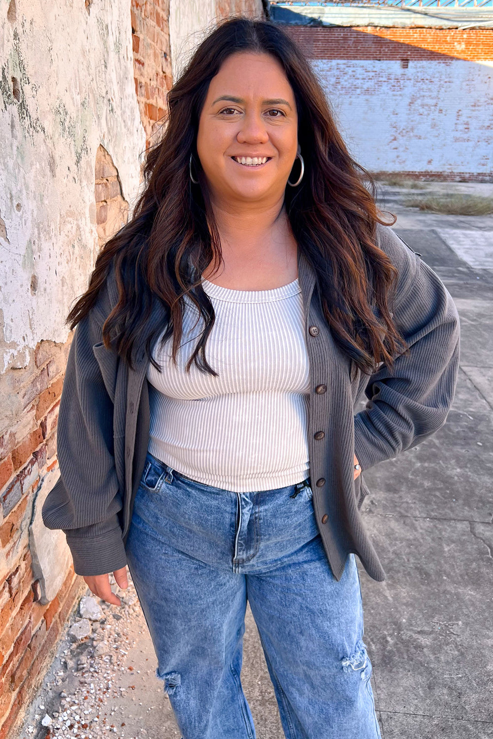 Dark Grey Rib Knit Exposed Seam Button up Plus Shacket