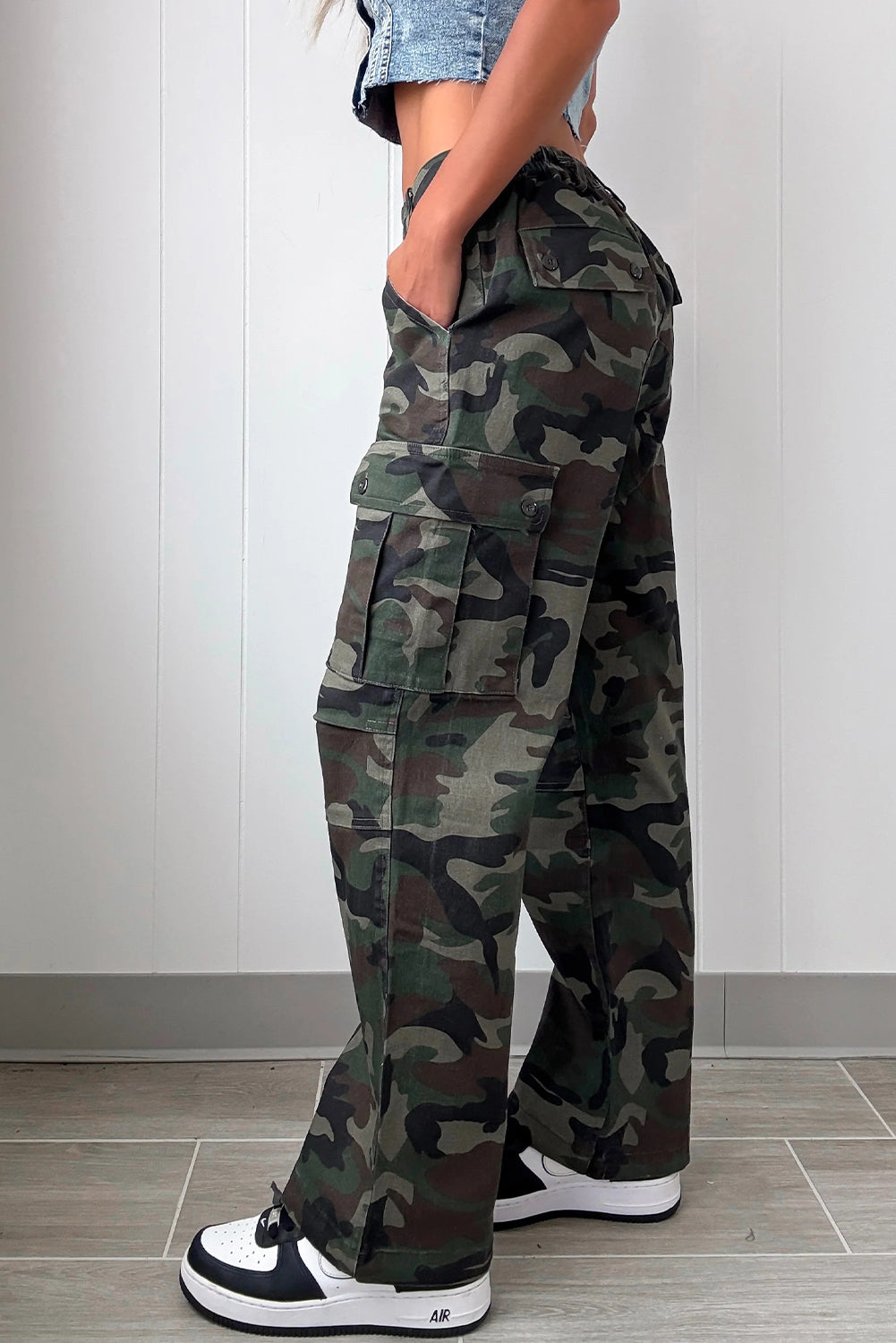 Green Camouflage Print Button Flap Pocket Patched Loose Pants