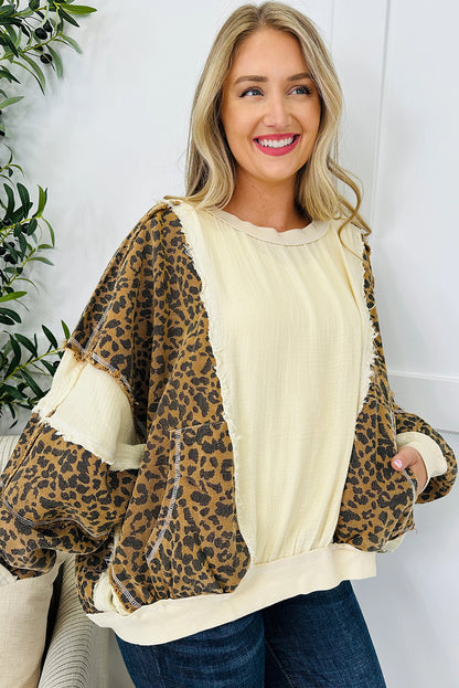 Beige Raw Seam Color Block Leopard Patchwork Baggy Long Sleeve Top