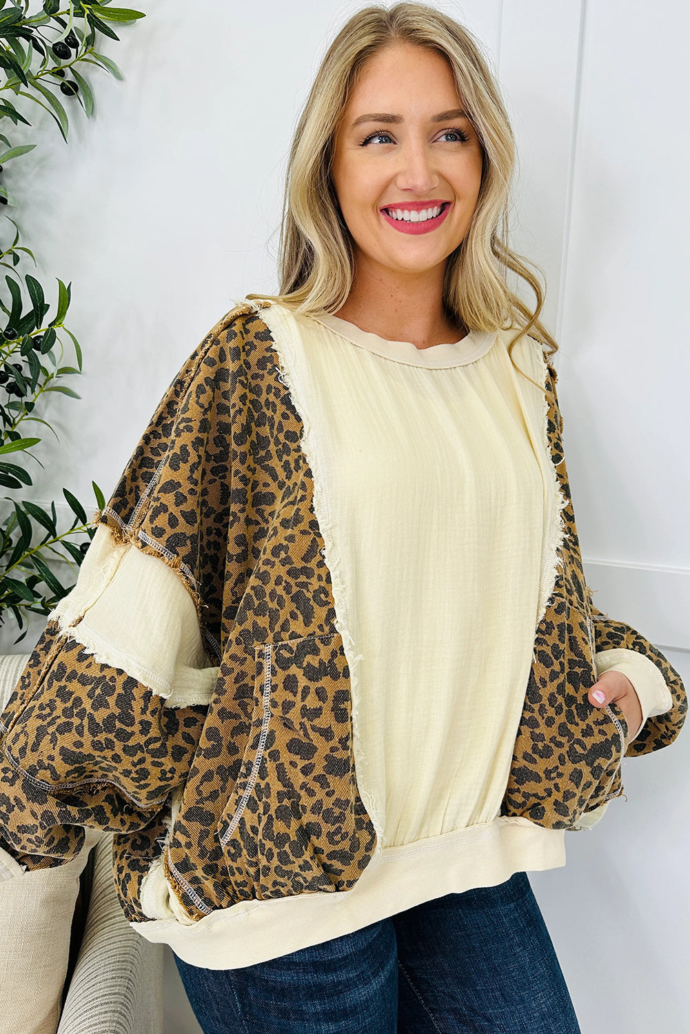 Beige Raw Seam Color Block Leopard Patchwork Baggy Long Sleeve Top