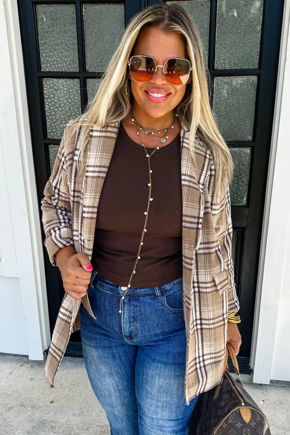 Khaki Raw Edge Plaid Open Front Shacket