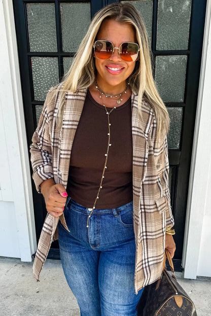 Khaki Raw Edge Plaid Open Front Shacket