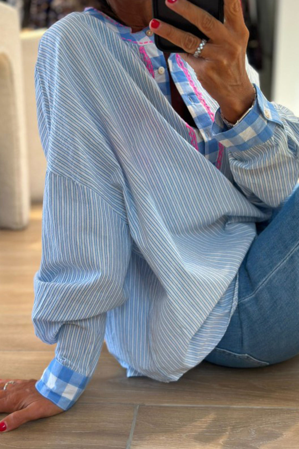 Sky Blue Stripe Plaid Patchwork Half Button Embroidered Trim Long Sleeve Blouse