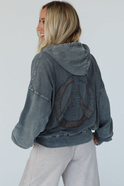 Dark Grey Mineral Wash Button Drawstring Neck Hooded Sweatshirt