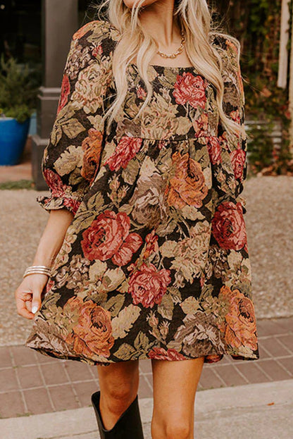 Brown Floral Jacquard Knit Square Neck 3/4 Puff Sleeve Loose Mini Dress