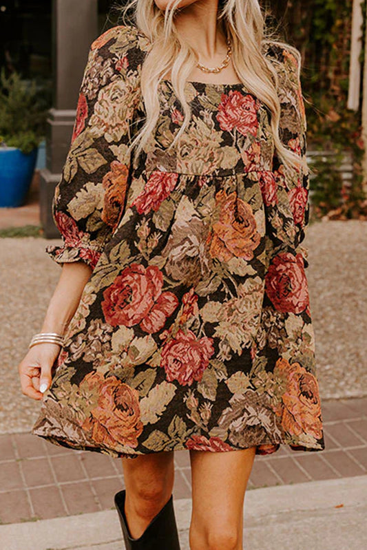 Brown Floral Jacquard Knit Square Neck 3/4 Puff Sleeve Loose Mini Dress