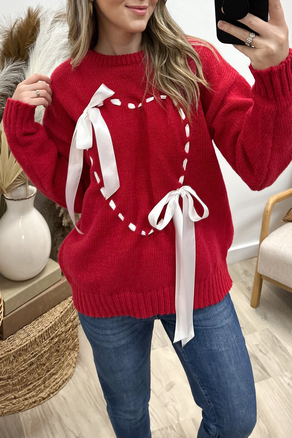 Racing Red Ribbon Bow Knot Heart Stitch Drop Shoulder Sweater