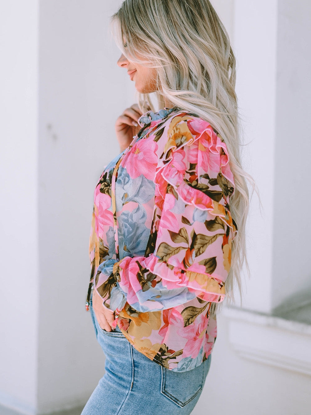 Floral Delight Pink Ruffle Tiered Puff Sleeve Blouse