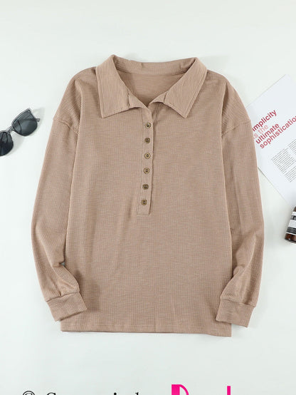 Elegant Khaki Knit Top with Chic Turn-down Neck