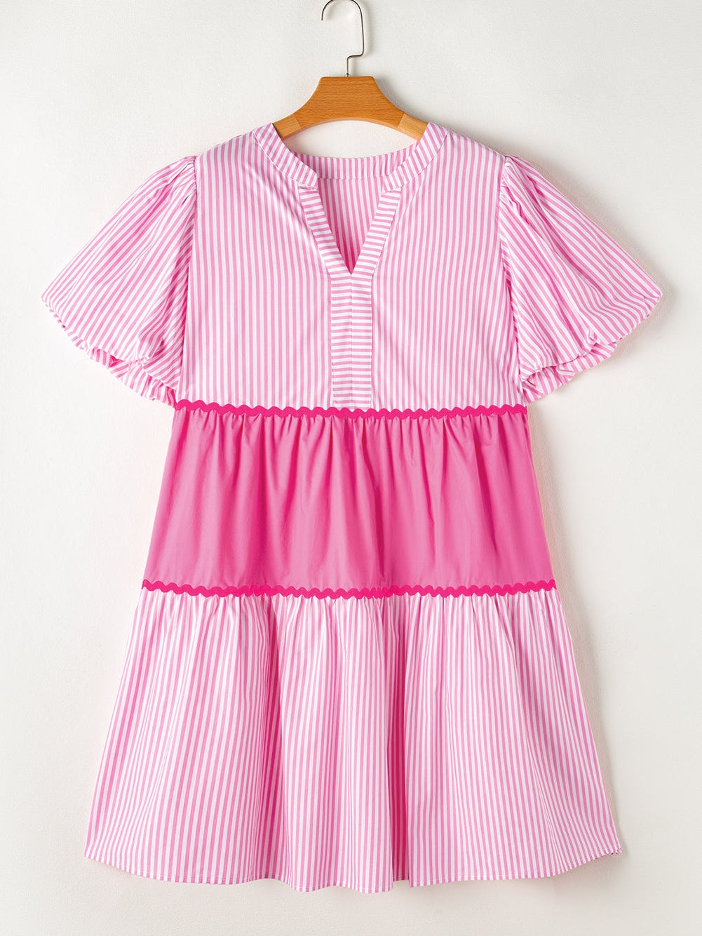 Pink Ricrac Stripe Block Puff Sleeve A-Line Shift Dress
