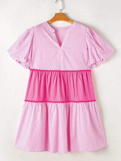 Pink Ricrac Stripe Block Puff Sleeve A-Line Shift Dress