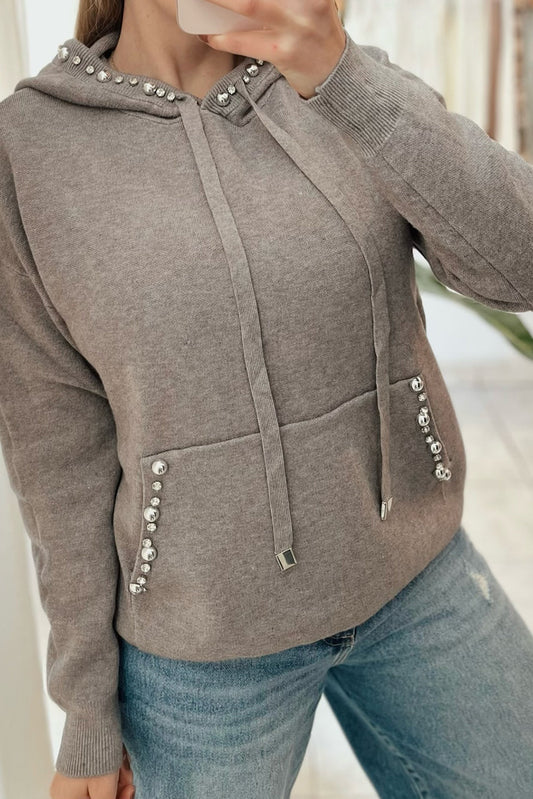 Gray Rivet Rhinestone Decor Hooded Sweater with Kangaroo Pocket