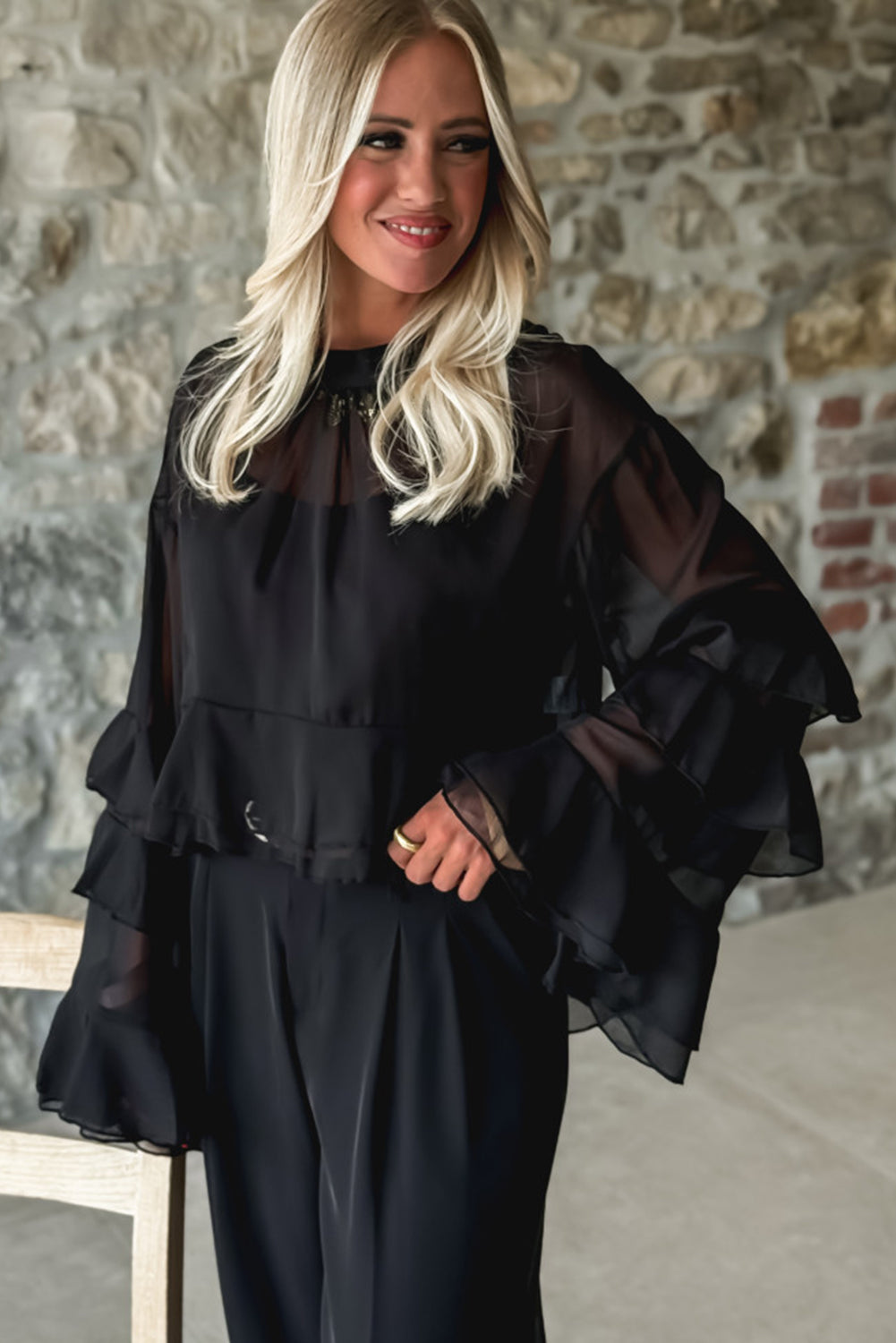 Black Ruffled Trim Bell Sleeve Mock Neck Cropped Blouse