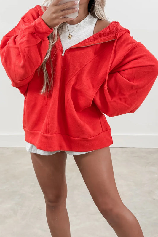 Fiery Red Knot Drawstring Half Zip Loose Hoodie