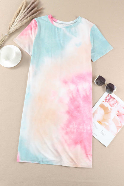 Loose Printed Short Sleeve Zippered V-neck Dress
